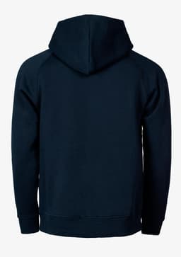 A dark navy hoodie with a kangaroo pocket and a hood, featuring raglan sleeves and a simple design.
