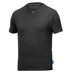 A black T-shirt with a round neckline and short sleeves, featuring a branding logo on the side.