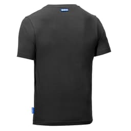 A black t-shirt featuring a logo on the side, viewed from the back.