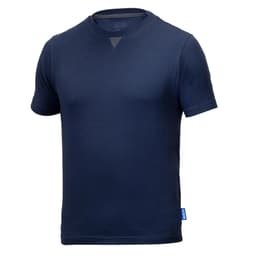 A navy blue T-shirt with short sleeves, featuring a logo on the side.