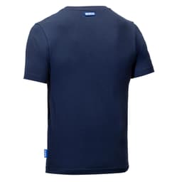 A navy blue t-shirt featuring a logo on the back and short sleeves.