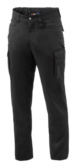 Black trousers with multiple pockets and an adjustable waistband, featuring branding on the side.