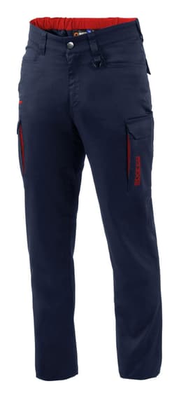 Navy trousers with red accents and multiple pockets. The design features a branded logo on the garment.