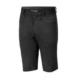 A pair of black Bermuda shorts featuring multiple pockets and a brand logo.