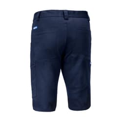 Navy blue Bermuda shorts with multiple pockets and a branded logo on the back.