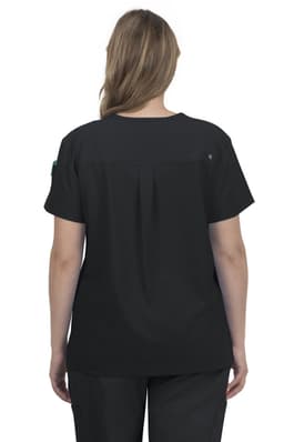 A black women's top with a relaxed fit and short sleeves, featuring a pleat detail at the back.