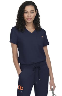 A navy scrubs top featuring a V-neck design and a chest pocket, accompanied by matching pants. It has a logo.