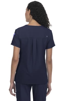 A navy blue short-sleeve top with a pleat detail at the back, featuring a logo on one sleeve.