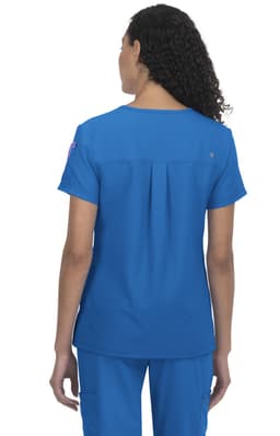 A blue medical top with a relaxed fit and a pleat detail on the back. It features a branding logo.