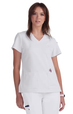 A white medical scrub top with a v-neck and two front pockets, featuring a small logo.