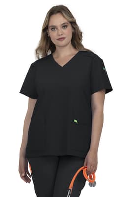 A black medical scrub top with a V-neck design and two front pockets, held by a model. It features a logo.