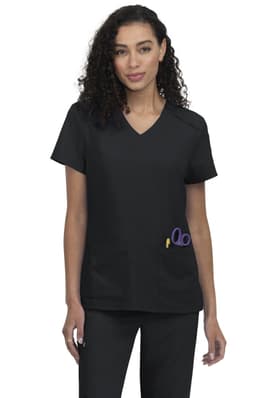 A black medical scrub top with a V-neck, featuring two side pockets and a pair of scissors in one pocket.