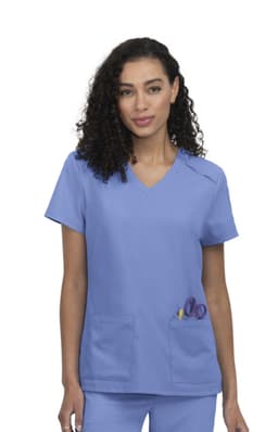 A scrubs top in light blue featuring short sleeves and two front pockets with a logo on the chest.