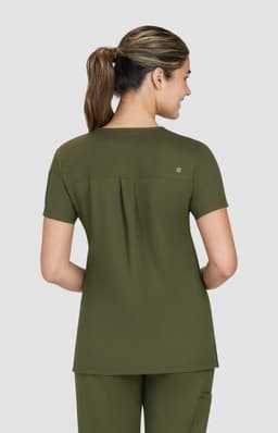 A tops in olive green, featuring a pleated back and a simple design. The model is shown from the back.