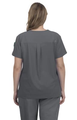 A grey medical scrub top with a relaxed fit and pleat detail on the back, designed for comfort and functionality.