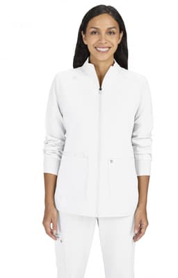 A women's jacket in white, featuring a zip front, pockets, and a fitted design, with a logo on the upper left.