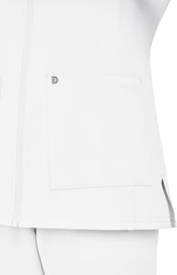 A white women's jacket featuring a pocket and a branding logo on the fabric.