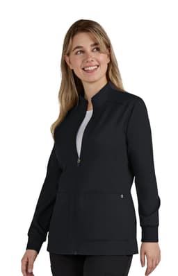 A black women's jacket with a zip front and two front pockets, featuring a branded logo.