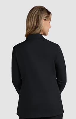 A black women's jacket with a tailored fit, featuring a collar and long sleeves, seen from the back.