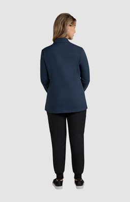 A navy blue women's jacket viewed from the back, paired with black pants. The jacket has a simple design and features a logo.