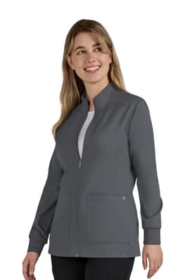 A women's grey jacket with a zip front, featuring two front pockets and a collar. It has a logo on it.