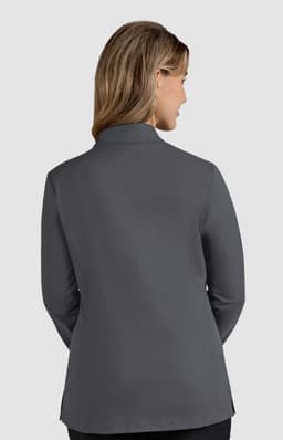 A women's jacket in grey, featuring a tailored design and a high collar, viewed from the back.