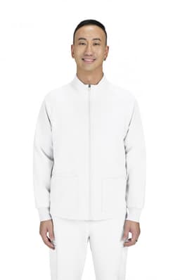 A white jacket with a zip front and two pockets, worn by a model standing and smiling. The jacket has a logo.
