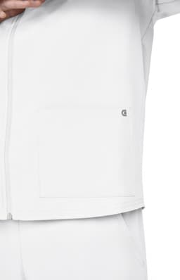 A white jacket featuring a zip and a pocket, with a small logo on the side.