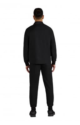 A black men's jacket with matching pants, displayed from the back with a logo on the garment.