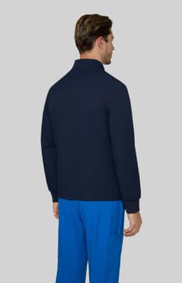 A men's jacket in navy blue, featuring a high collar and a simple design, viewed from the back.