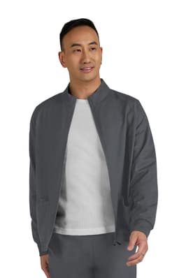 A man wearing a grey Alpha Men's Jacket with a zip front, featuring a simple design and a casual style.