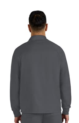 A grey men's jacket with a collar, shown from the back, featuring long sleeves and a logo.
