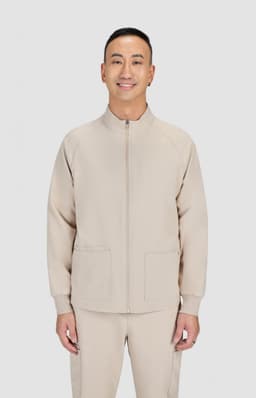 A men's jacket in a light beige colour with a zip front and two front pockets, featuring a logo.