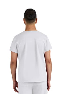 A white medical scrub top featuring a simple design and a small logo on the back.