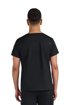 A black medical scrub top featuring a plain back design and a small logo on the neckline.