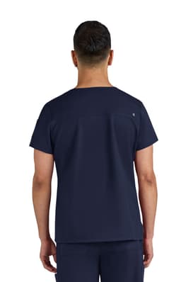 A navy-blue medical scrub top with a simple design and a logo on the back.