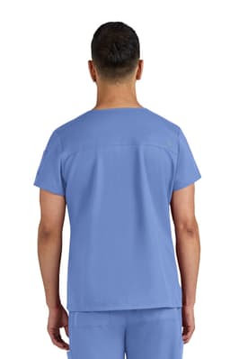 A blue medical scrub top with short sleeves, featuring a simple design and a logo on the back.