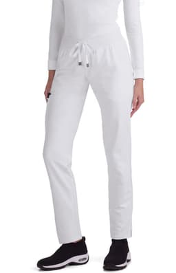 Atria Pant in white, featuring a drawstring waist, slim fit, and paired with black footwear. Includes branding details.
