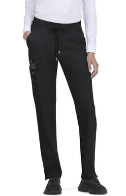 Black jogger pants with pockets, featuring an elastic waistband and a subtle logo on the side. Suitable for casual wear.