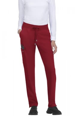 Red athletic pants with a drawstring waist and pockets, featuring a logo on the side.
