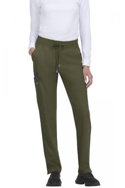 A women's pant in olive green with a drawstring waist and side pockets, featuring a logo on one side.