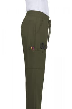 Atria Pant in olive green with pockets and drawstring waist. Features a logo on the side.