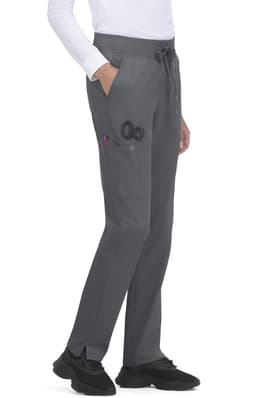 A pair of grey pants with pockets, featuring a drawstring waist and a logo. Suitable for professional use.