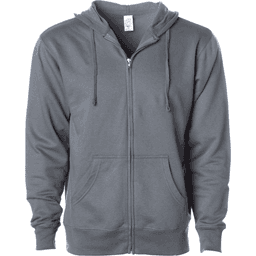 A grey midweight zip hooded sweatshirt featuring a front zipper and two pockets. It has a logo on the chest.