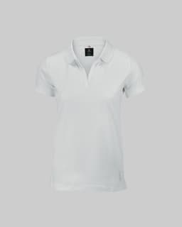 A white women's polo shirt with a classic design and a logo on the label.