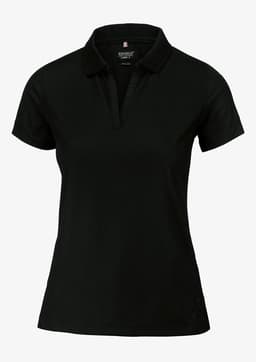 A black women's polo shirt featuring a collar and short sleeves, with a logo on the chest area.