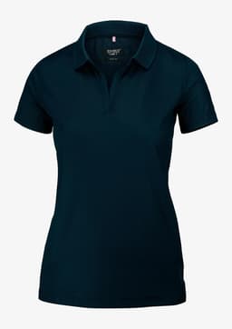 A women’s polo shirt in navy blue, featuring a collar and short sleeves, with a logo on the chest.
