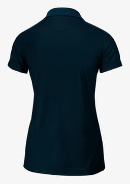 A navy women's polo shirt featuring a classic collar and short sleeves, with a logo on the back.