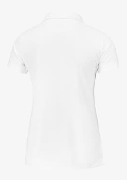 A white women's polo shirt with a collar and short sleeves, featuring a logo on the side.