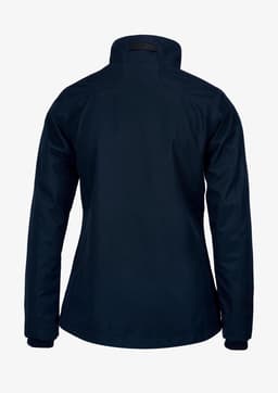 A navy women's jacket with a high collar, featuring a fitted design and no visible logos.
